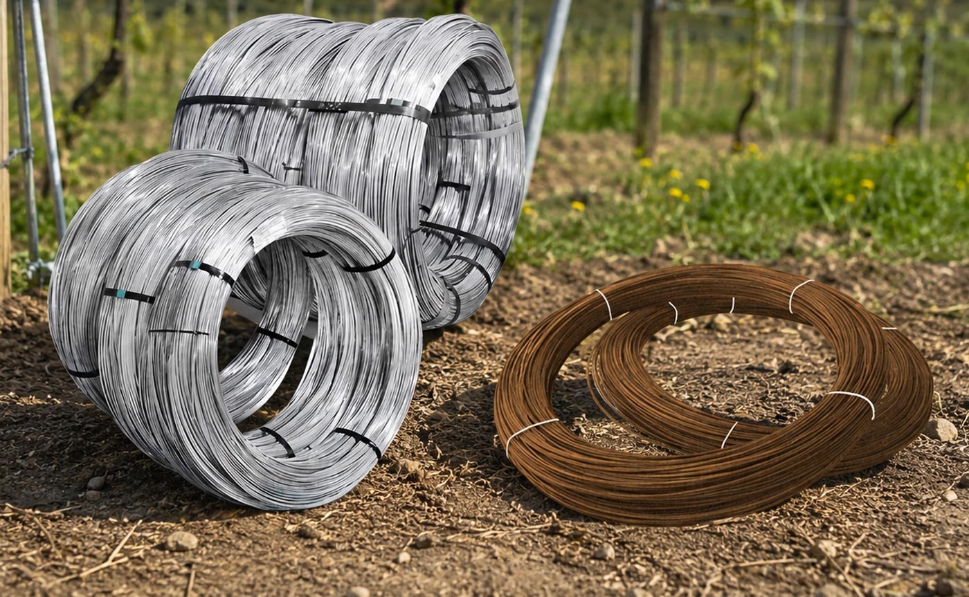 Galvanized and corten trellis wire coils for complete Guyot trellis installation