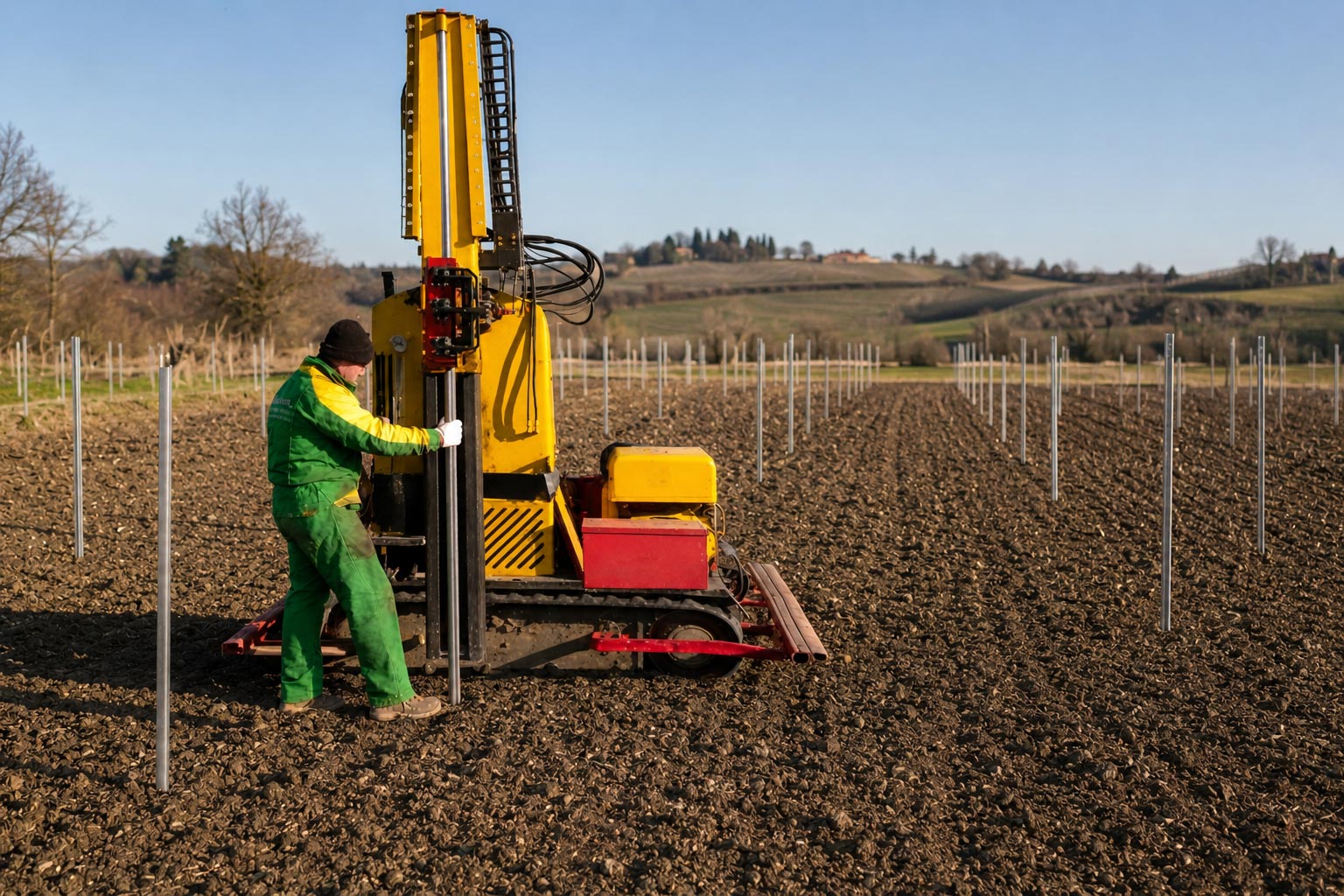 Operator installing galvanized vineyard posts with a post driver during Guyot trellis installation