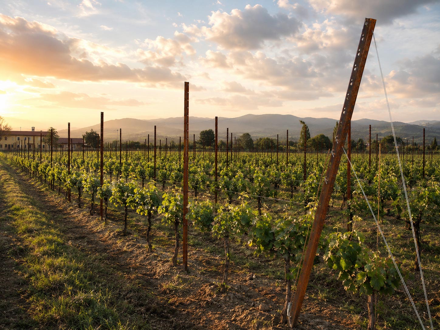 Young Guyot vineyard with corten steel posts and end post system at sunset