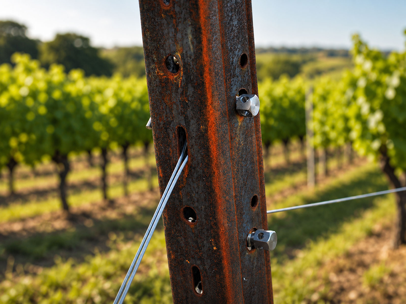 Galvanized vineyard post with tensioned wire in a Guyot trellis system