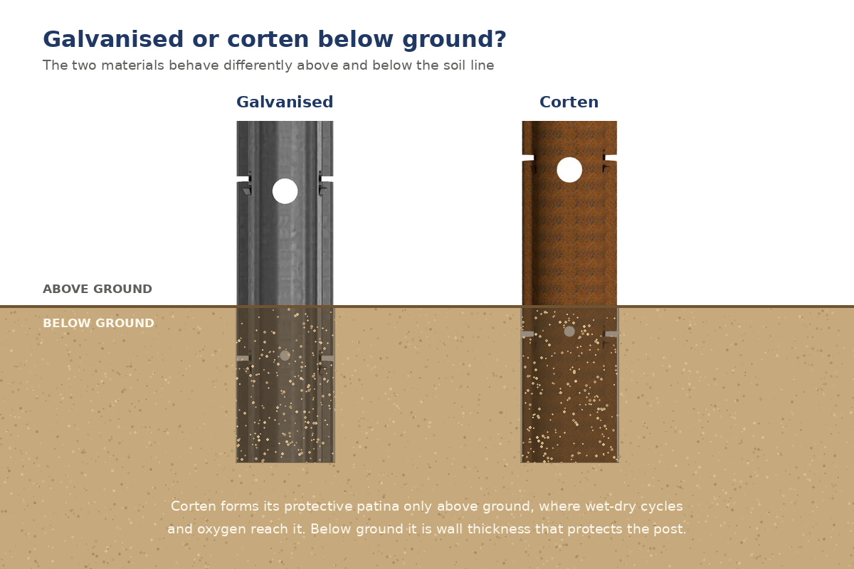 Galvanised and corten vineyard posts at the soil line, showing the buried section where corten does not form its protective patina