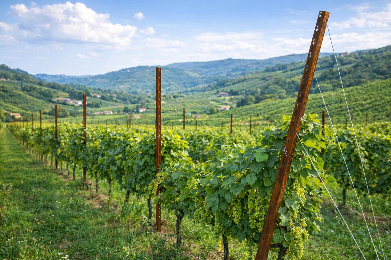 Grape trellis height in a hillside vineyard with corten steel posts and trellis wires