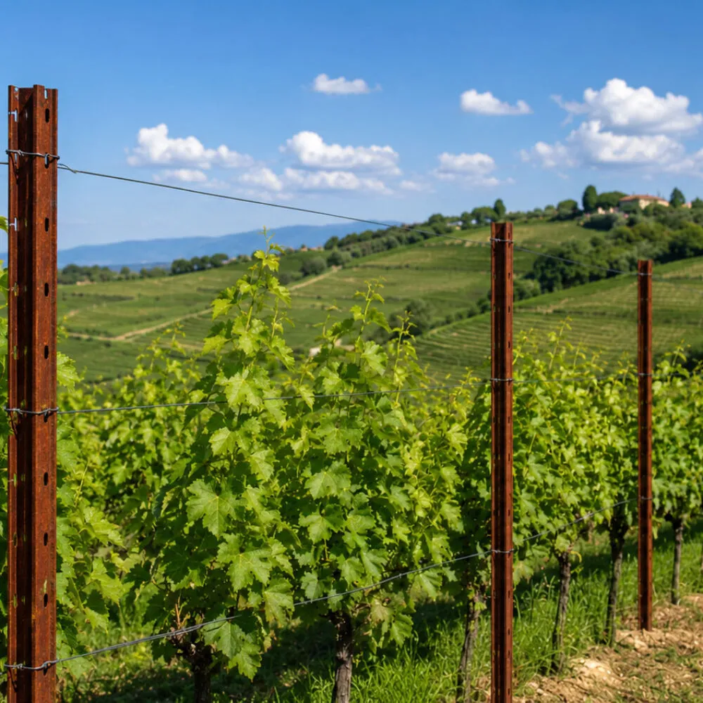 Corten steel posts for grape trellis system in a hillside vineyard