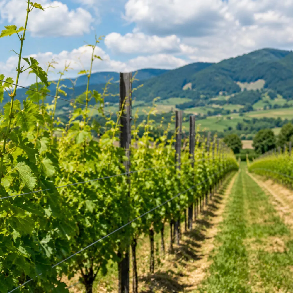 Galvanized steel vineyard post in a Guyot vine training system with trellis wires and vineyard rows.