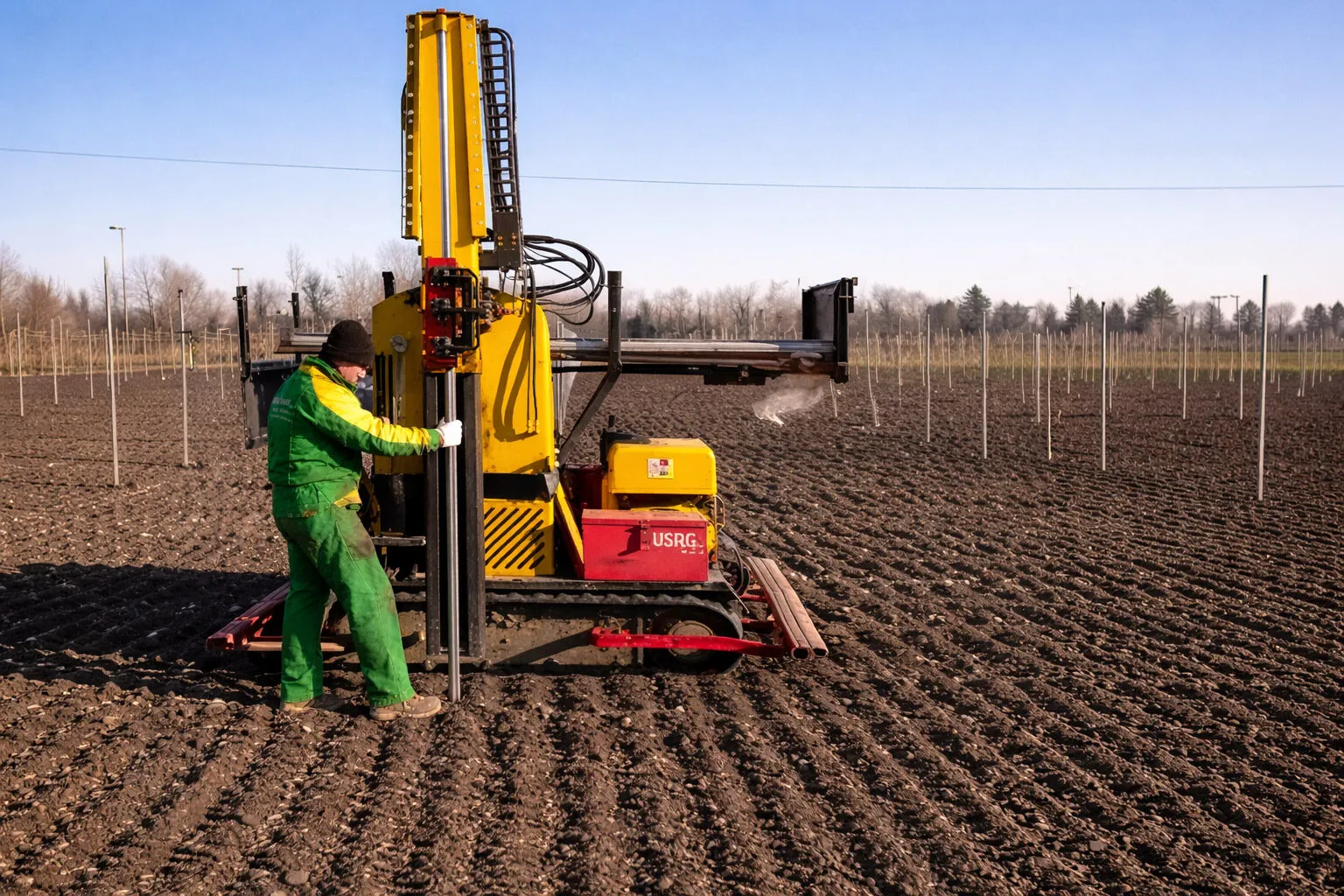 Pneumatic post driver installing steel vineyard posts with precise row spacing