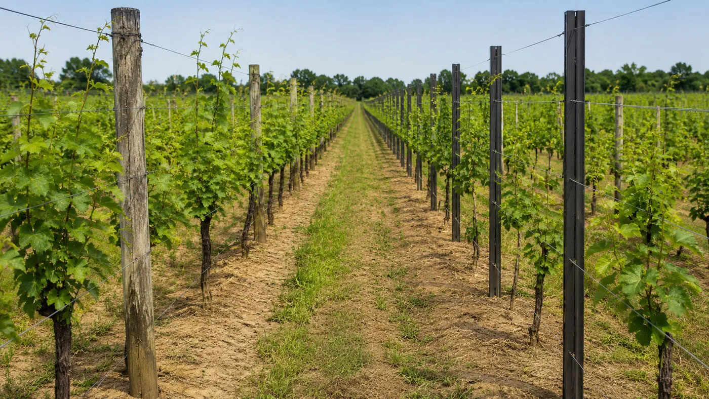 Wood and steel posts compared in a grape trellis system