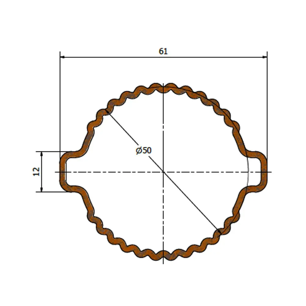 Dimensioned cross-section of corten tubular vineyard post – 61 × 50 mm, Ø50, 12 mm