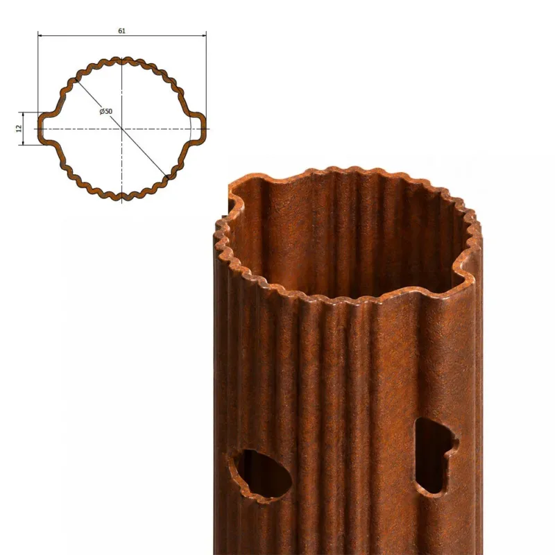 Technical cross-section of corten tubular vineyard post – 61 × 50 mm, Ø50, 12 mm