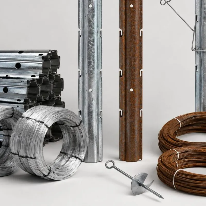 Vineyard trellis components: galvanised and corten posts, end post with brace, helical anchor and high-tensile wire coils