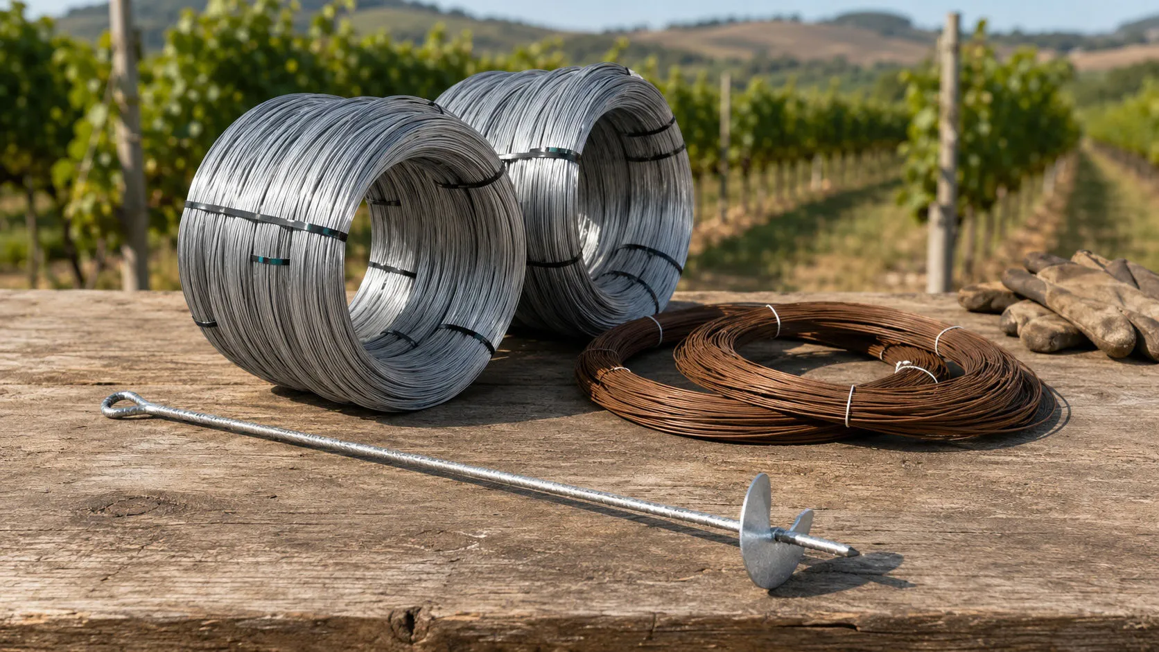 Galvanised and Corten trellis wire coils with a stainless steel hook, vineyard in the background