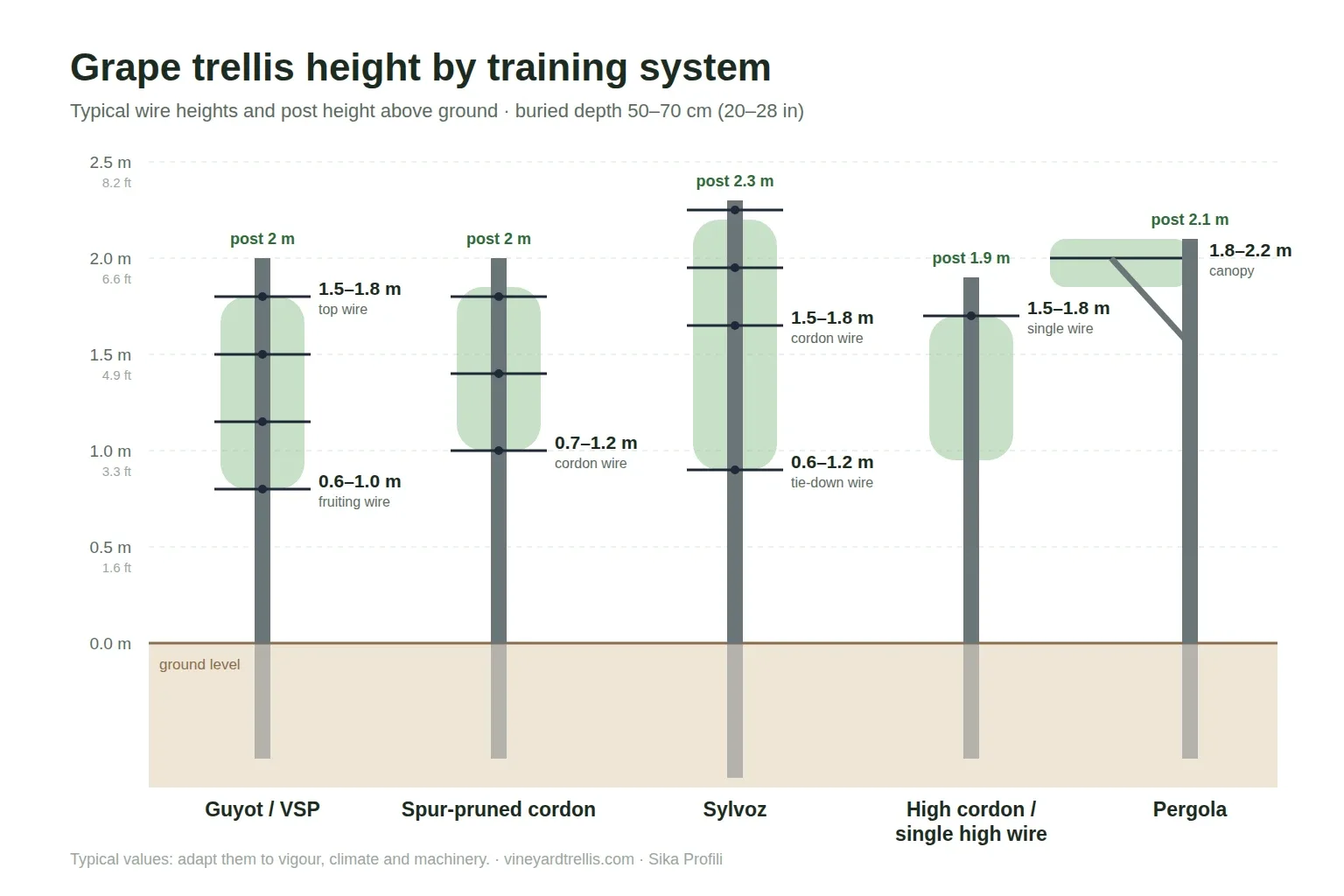Grape trellis height by training system: Guyot, spur-pruned cordon, Sylvoz, high cordon and pergola