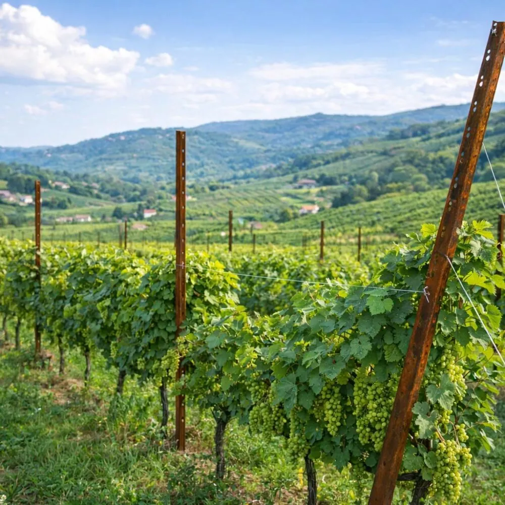 Grape trellis height in a hillside vineyard with corten steel posts and trellis wires